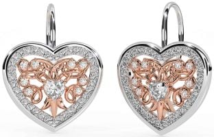 Diamond Rose Gold Silver Celtic Heart Dangle Earrings