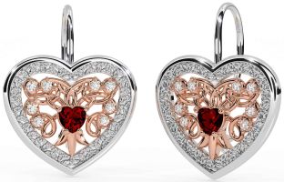 Diamond Garnet Rose Gold Silver Celtic Heart Dangle Earrings