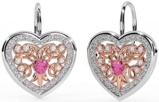 Diamond Pink Tourmaline Rose Gold Silver Celtic Heart Dangle Earrings