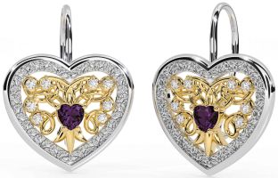 Diamond Alexandrite Gold Silver Celtic Heart Dangle Earrings