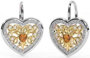 Diamante Citrino Oro Plata céltico Corazón Colgar Pendientes