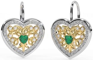 Diamond Emerald Gold Silver Celtic Heart Dangle Earrings