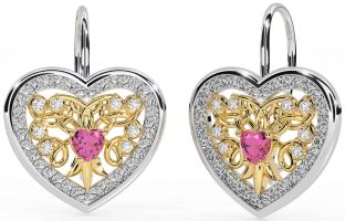 Diamant Rosa Turmalin Gold Silber keltisch Herz Baumeln Ohrringe