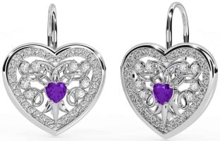 Diamond Amethyst White Gold Celtic Heart Dangle Earrings