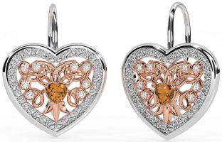 Diamond Citrine White Rose Gold Celtic Heart Dangle Earrings