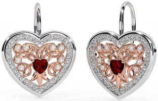 Diamond Garnet White Rose Gold Celtic Heart Dangle Earrings