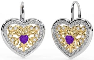 Diamond Amethyst White Yellow Gold Celtic Heart Dangle Earrings