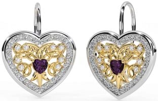 Diamond Alexandrite White Yellow Gold Celtic Heart Dangle Earrings