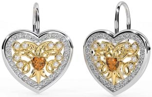 Diamante Citrino Blanco Amarillo Oro céltico Corazón Colgar Pendientes