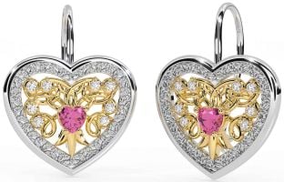 Diamond Pink Tourmaline White Yellow Gold Celtic Heart Dangle Earrings