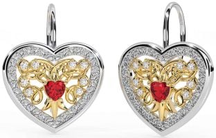 Diamond Ruby White Yellow Gold Celtic Heart Dangle Earrings