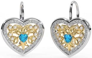 Diamond Topaz White Yellow Gold Celtic Heart Dangle Earrings