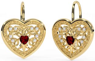 Diamond Garnet Gold Celtic Heart Dangle Earrings