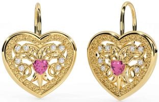 Diamond Pink Tourmaline Gold Celtic Heart Dangle Earrings