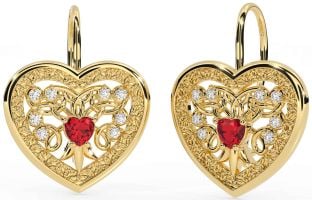 Diamante Rubí Oro céltico Corazón Colgar Pendientes