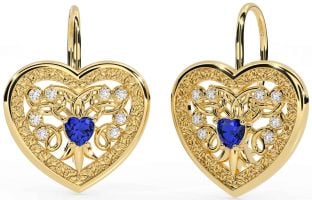 Diamond Sapphire Gold Celtic Heart Dangle Earrings