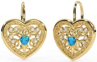 Diamond Topaz Gold Celtic Heart Dangle Earrings