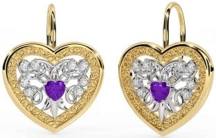 Diamond Amethyst White Yellow Gold Celtic Heart Dangle Earrings