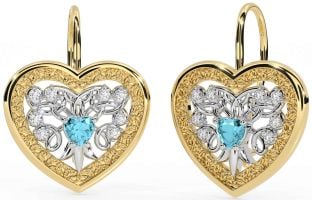 Diamond Aquamarine White Yellow Gold Celtic Heart Dangle Earrings