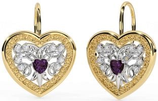 Diamond Alexandrite White Yellow Gold Celtic Heart Dangle Earrings