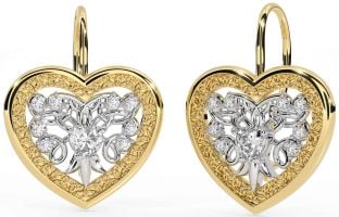 Diamond White Yellow Gold Celtic Heart Dangle Earrings