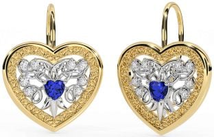 Diamond Sapphire White Yellow Gold Celtic Heart Dangle Earrings