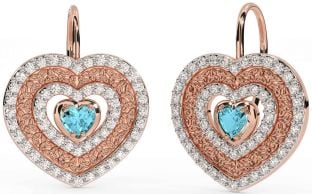 Diamond Aquamarine Rose Gold Silver Celtic Trinity Knot Heart Dangle Earrings