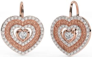 Diamond Rose Gold Silver Celtic Trinity Knot Heart Dangle Earrings
