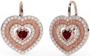 Diamond Garnet Rose Gold Silver Celtic Trinity Knot Heart Dangle Earrings