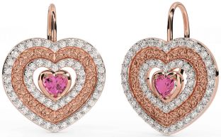 Diamond Pink Tourmaline Rose Gold Silver Celtic Trinity Knot Heart Dangle Earrings