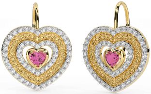 Diamond Pink Tourmaline Gold Silver Celtic Trinity Knot Heart Dangle Earrings