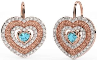 Diamond Aquamarine Rose Gold Celtic Trinity Knot Heart Dangle Earrings