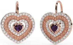 Diamond Alexandrite Rose Gold Celtic Trinity Knot Heart Dangle Earrings