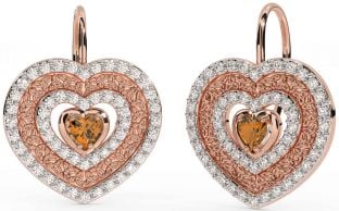 Diamond Citrine Rose Gold Celtic Trinity Knot Heart Dangle Earrings