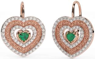 Diamond Emerald Rose Gold Celtic Trinity Knot Heart Dangle Earrings