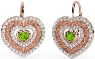 Diamond Peridot Rose Gold Celtic Trinity Knot Heart Dangle Earrings