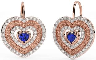 Diamond Sapphire Rose Gold Celtic Trinity Knot Heart Dangle Earrings
