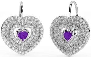 Diamond Amethyst Silver Celtic Trinity Knot Heart Dangle Earrings