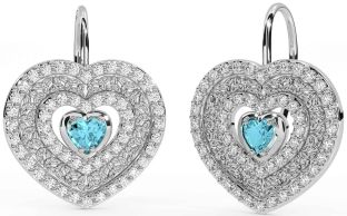 Diamond Aquamarine Silver Celtic Trinity Knot Heart Dangle Earrings