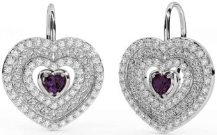 Diamond Alexandrite Silver Celtic Trinity Knot Heart Dangle Earrings