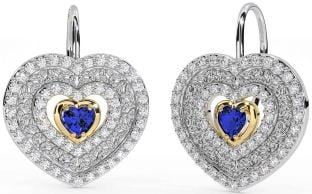 Diamond Sapphire Gold Silver Celtic Trinity Knot Heart Dangle Earrings