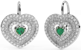 Diamond Emerald White Gold Celtic Trinity Knot Heart Dangle Earrings