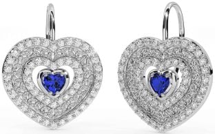 Diamond Sapphire White Gold Celtic Trinity Knot Heart Dangle Earrings