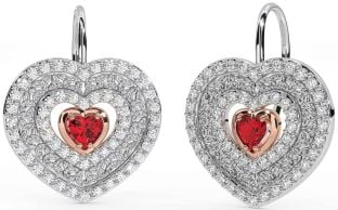 Diamond Ruby White Rose Gold Celtic Trinity Knot Heart Dangle Earrings