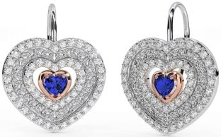 Diamond Sapphire White Rose Gold Celtic Trinity Knot Heart Dangle Earrings