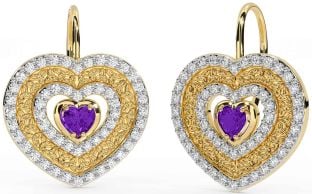Diamond Amethyst Gold Celtic Trinity Knot Heart Dangle Earrings