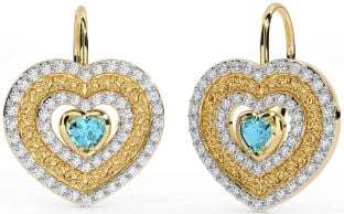 Diamond Aquamarine Gold Celtic Trinity Knot Heart Dangle Earrings