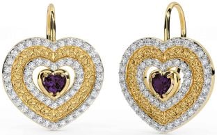 Diamond Alexandrite Gold Celtic Trinity Knot Heart Dangle Earrings