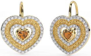 Diamond Citrine Gold Celtic Trinity Knot Heart Dangle Earrings
