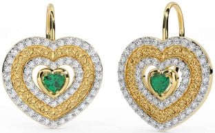 Diamond Emerald Gold Celtic Trinity Knot Heart Dangle Earrings